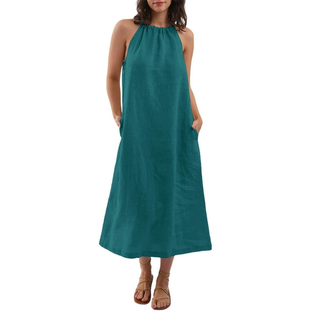 Kaemgyyd Robes à Col Licou pour Femmes Été Sans Manches Robe d'Été Décontractée Plage Vacances Fluide Bohème Mi-Longue avec Poches
