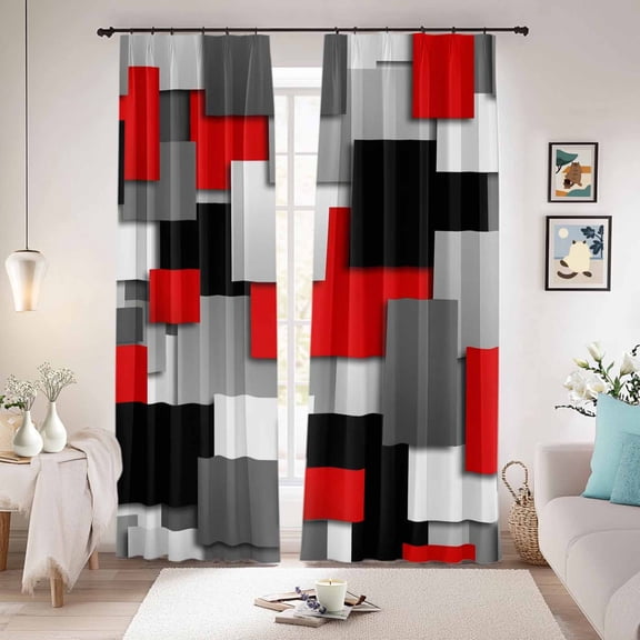Red Black Geometric Blackout Curtains for Bedroom/Living Room, Pinch Pleated Black Out Curtains, Modern Abstract Art Block Room Darkening Window Drapes with Hooks 2 Panels, 39"x70"
