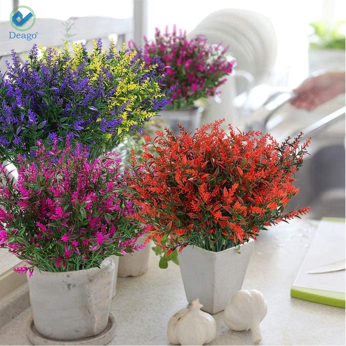 Deago 24 Bundles Artificial Lavender Flowers Outdoor Fake Flowers for Decoration UV Resistant No Fade Faux Plastic Plants Garden Porch Window Box Decor (Red)