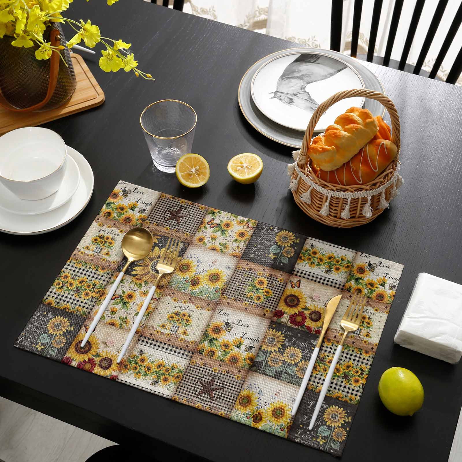 Sunflowers Placemats Set of 4, Farmhouse Vintage Western Texas Star Plaid Placemats for Dining Table, Place Mats for Kitchen Tabletop, Waterproof Wipeable Dining Table Mats Set