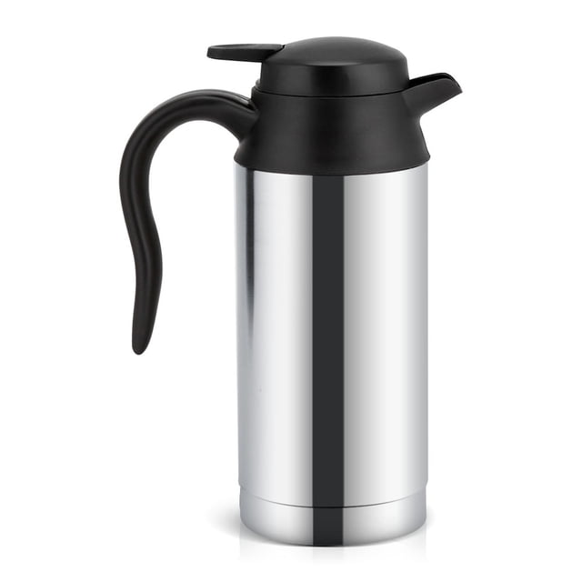 hervidor eléctrico para coche botella de agua de viaje 750 ml anggrek Vista frontal de hervidor cilíndrico de 750 ml en acero inoxidable 304 con tapa y asa negras de plástico; boquilla corta y anillo sellado en la tapa, acabado brillante, indicador luminoso rojo/verde y cable de 12 V para enchufe de encendedor, diseñado para portavasos de auto y viajes; suele usarse para calentar agua para té o café en ruta.