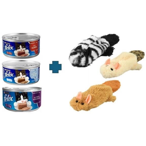 Paquete de 8 latas Felix pate alimento humedo 156 gr + 1 juguete relleno de catnip y cola squeaker Fancy pets