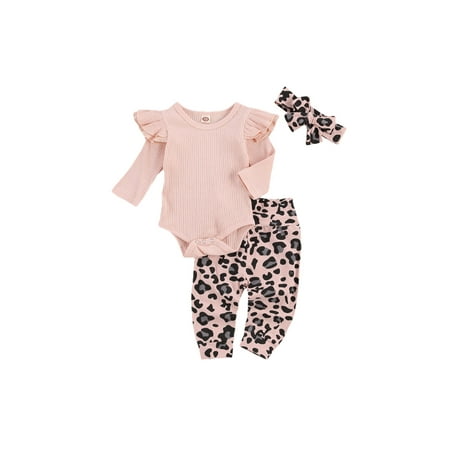 

Canrulo 3PCS Newborn Baby Girls Fall Winter Clothes Ruffle Long Sleeve Knit Romper Jumpsuit+Leopard Pants+Headband Set Pink 12-18 Months