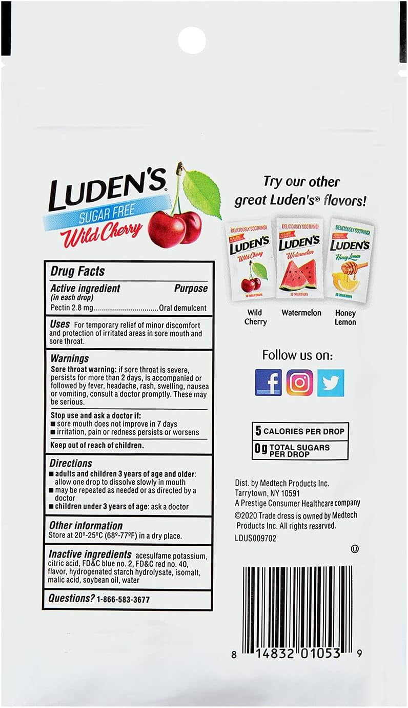 Luden's Sugar Free Wild Cherry Throat Drops, Sore Throat Relief, 25 Count (12 Pack)