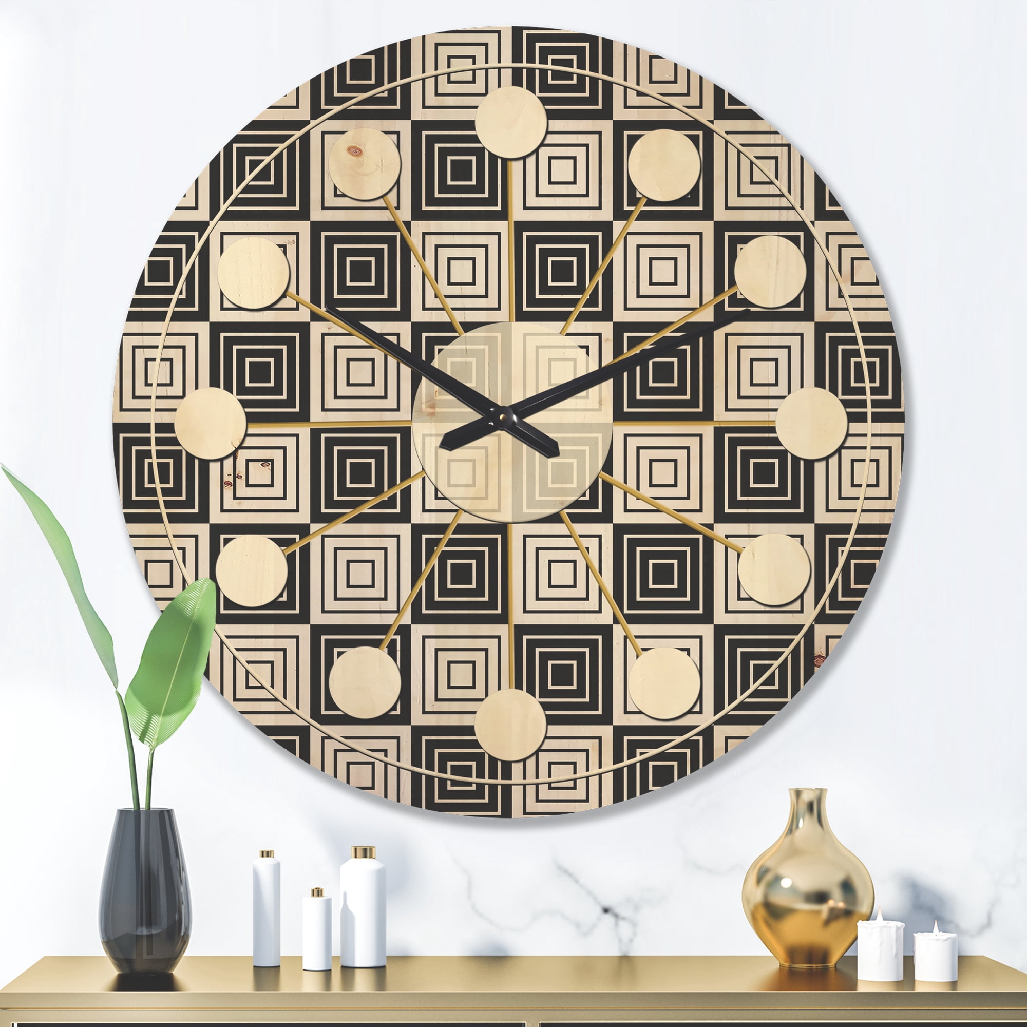 Designart 'Black and White Geometric Pattern XI' Mid-Century Modern Wood Wall Clock