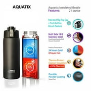 Aquatix (Black, 21 Ounce) Pure Stainless Steel Double Wall Vacuum Insulated Sports Water Bottle With Convenient Flip Top Keeps Drinks Cold For 24 Hours, Hot For 6 Hours
