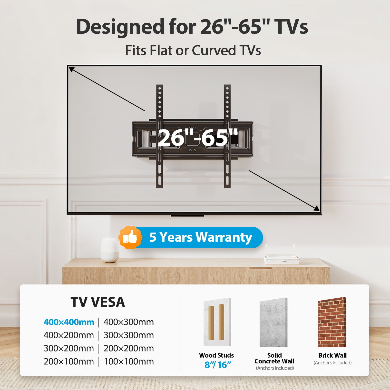 MountFTV Full Motion TV Wall Mount for 26-65 inch TVs Holds up to 110 lbs Swivels Tilts Extension Leveling, Max 400 x 400mm, Fits 8"/12/16" Wood Stud