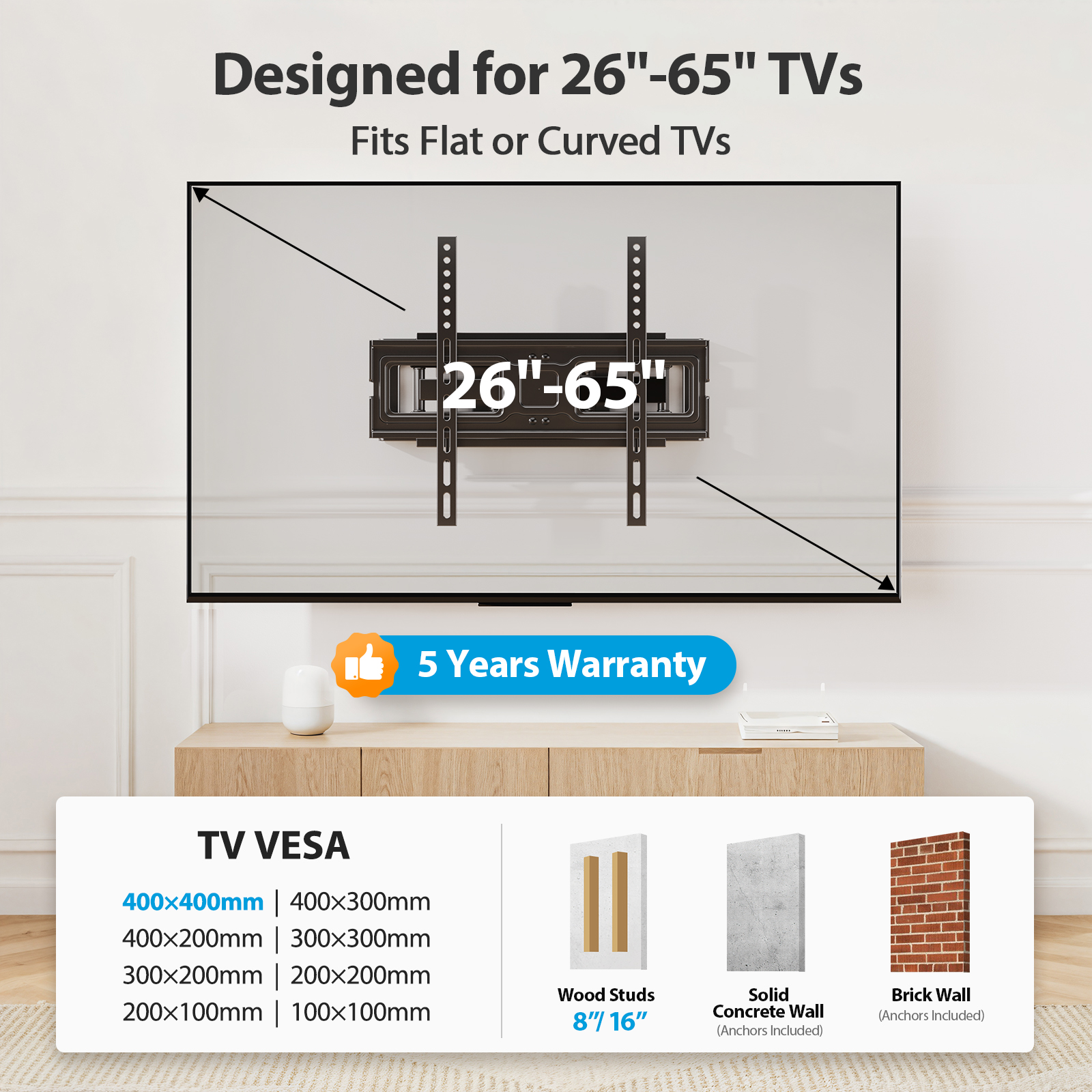 MountFTV Full Motion TV Wall Mount for 26–65 inch TVs, 110 lbs photo 3