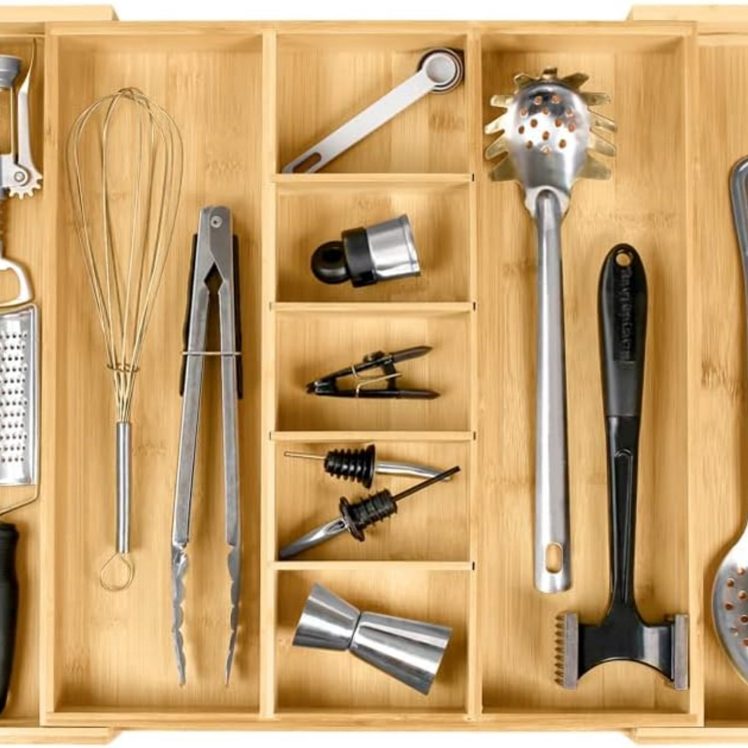 Adjustable Kitchen Drawer Organizer for Utensils and Junk, Food-Safe Contract Grade with 100%  Wood, Non-Slip, Expandable from 16" to 28" Wide - Bamboo