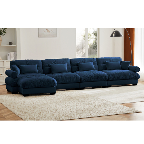 GAKMCIL 166" Loveseat Sofa, 4 Seater Modular Sectional Sofa, Large U Shaped Sectional Fluffy Couch, Velvet Cloud Couch with 1 Ottoman, Deep Seat Sofas for Living Home