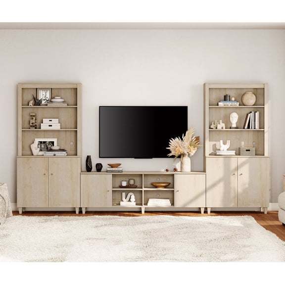 WAMPAT Modern Entertainment Center for 75" TVs, Wood TV Stand with Cabinets & Bookshelves for Living Room,Light Oak
