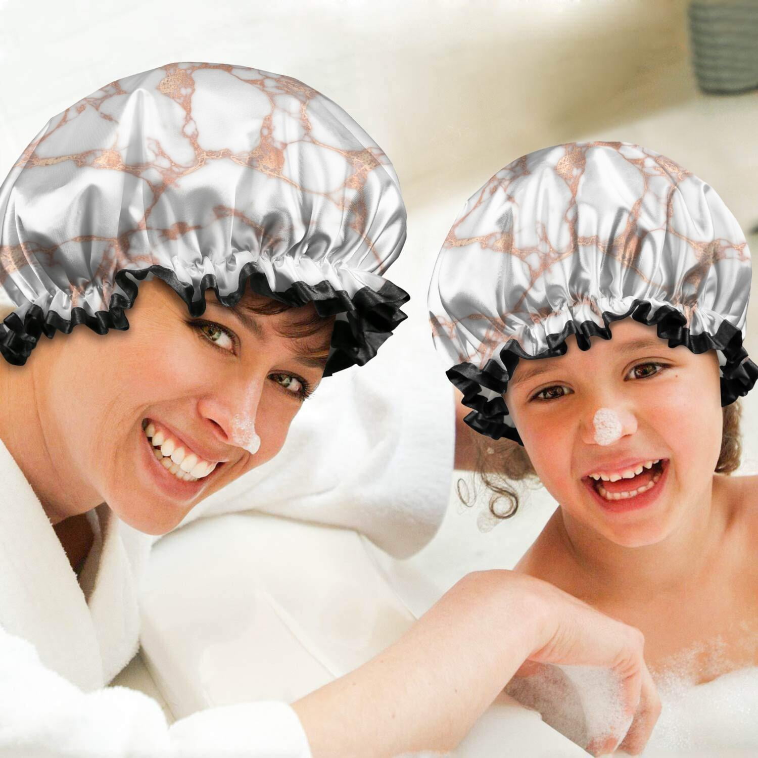 Shower Caps,White Marble Rose Gold Line Pattern Waterproof Shower Cap for Women 4 Pieces,Double Reusable Hair Cover for Shower PEVA Elastic Stretch Hem