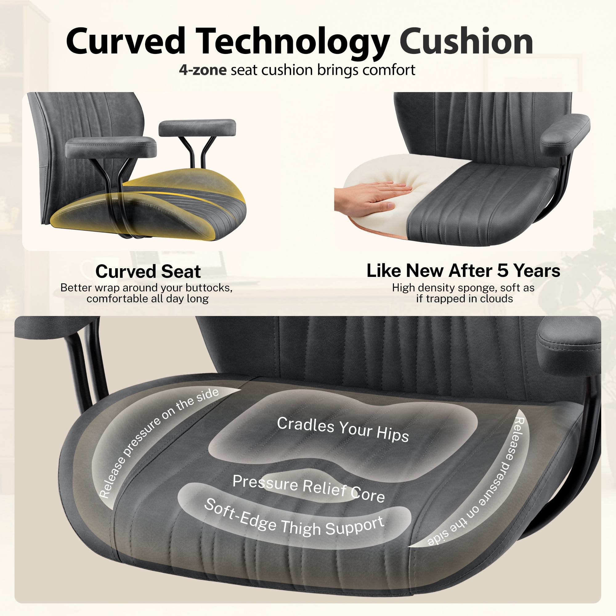 COOLHUT Home Office Chair, PU Leather Ergonomic Computer Desk Chair with Removable Armrests, Mid Century Modren Armrest Office Chair, Rocking Swivel Task Chair, Dark Gray