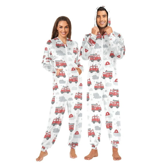 Adult Christmas Onesie Red Fire Truck Adult Zipper One-Piece Pajamas Unisex Pajamas with Pockets