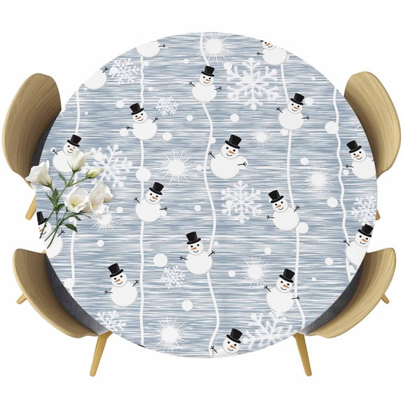 Blue Christmas Round Tablecloth, Fitted Table Cover with Elastic for 45"-54" Round Tables, Xmas Snowflake Snowman Table Cloth Outdoor Indoor Dinning Party Waterproof Tablecloths
