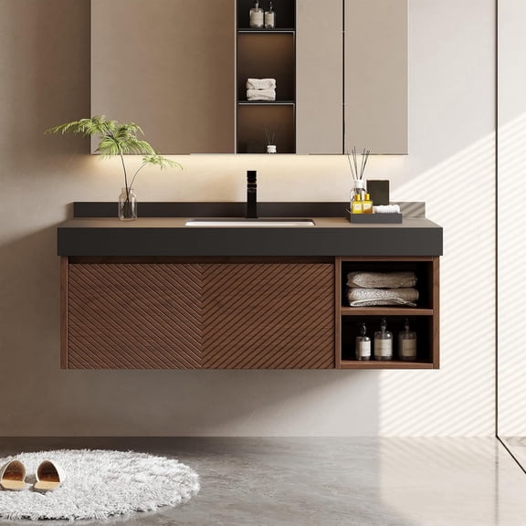 48" Floating Bathroom Vanity with Sink, Modern Wall Mounted Vanity Bathroom Storage Cabinet with V-Shaped Fluted Drawers Door, Ceramic Basin, Open Shelf, Walnut