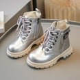 thumbnail image 2 of Girls Winter Combat Boots Fashion Buckle Lace up Side Zipper Waterproof Lug Sole Warm Kids Ankle Booties Silver 11 Little Kids, 2 of 6