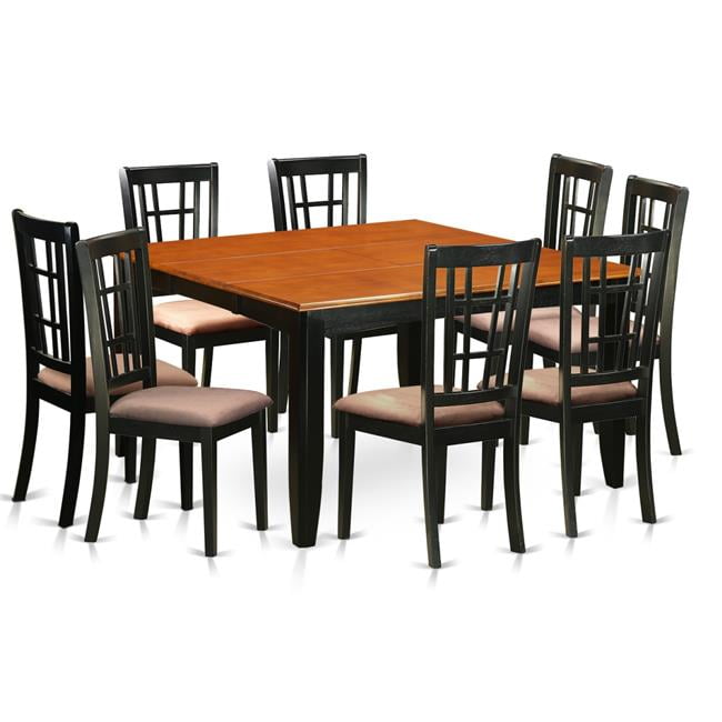 Microfiber Dining Room Set - Table & 8 Solid Wood Chairs, Black