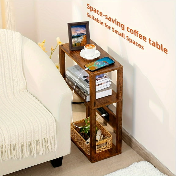Slim 3-Tier Wood End Table with Charging Station, Thin Nightstand for Small Spaces, Narrow Side Table with Storage for Bedside or Couch, Rustic Brown Design