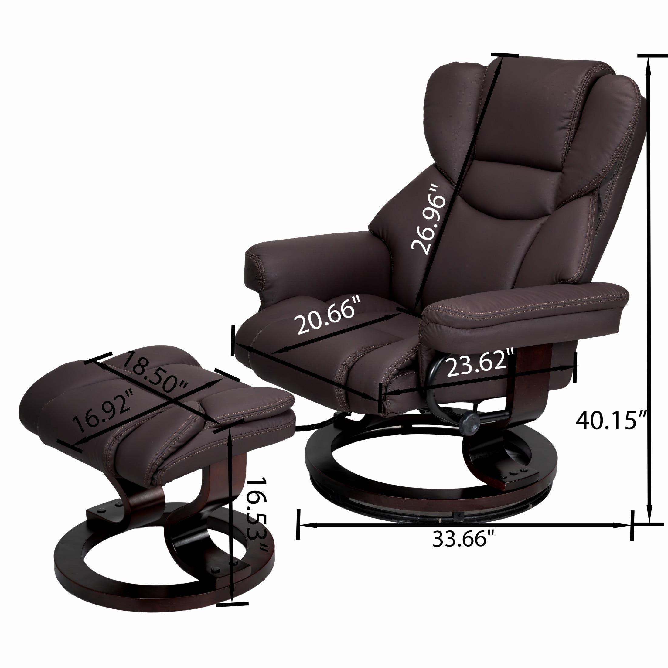 Noble House 8-Point Heated Massage Recliner with Ottoman, Durable Faux Leather Lounge Chair with Bent Wood Base, Brown