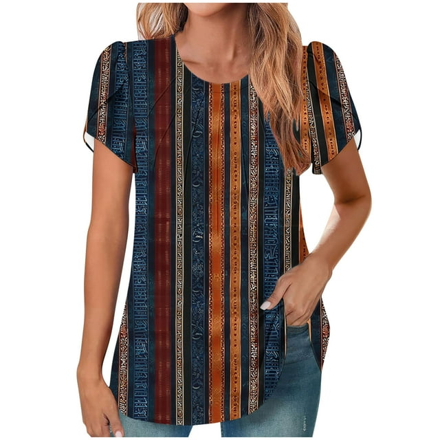 Mujeres de Manga Corta Tops Cuello Redondo Plisado Túnica, Tapa Casual Doblado Doblado Impreso Moda