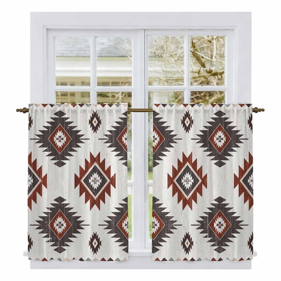 Red Aztec Tier Curtains, Southwest Boho Abstract Geometric Aesthetic Light Filtering Kitchen Curtains, 2Pcs Rod Pocket Half Window Treatments Panels for Sink Cafe Cabinet Basement 27.5x45 Inches