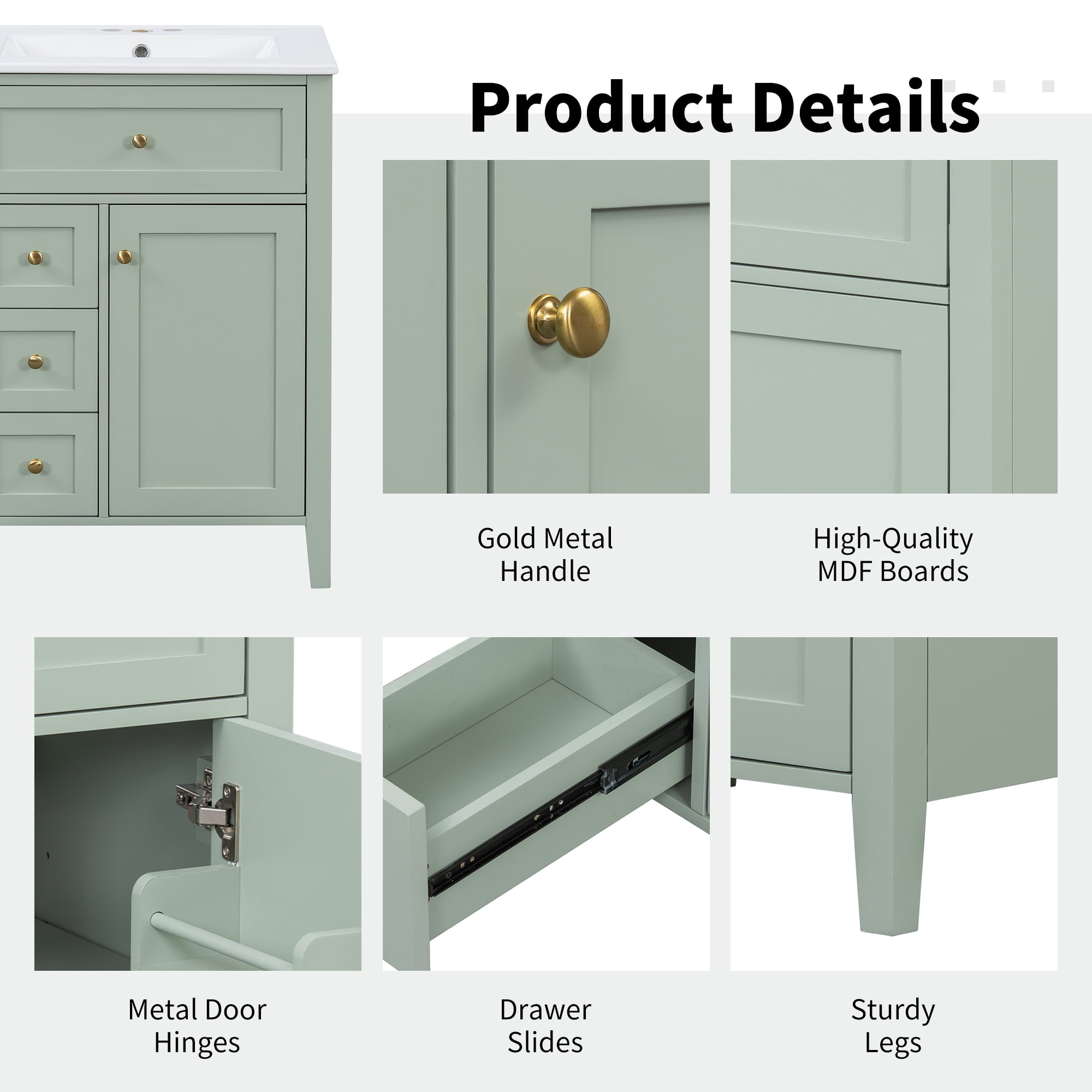 Euroco "24" Green Bathroom Vanity with Sink, MDF & Rubberwood Construction, 3 Drawers & Cabinet with Adjustable Shelves, Modern Design for Small to Medium Bathrooms"