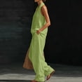 thumbnail image 2 of 2 Piece Linen Outfits for Women Dressy Casual Vacation Halter V Neck Sleeveless Top and Wide Leg Pant Sets (L, Green), 2 of 8