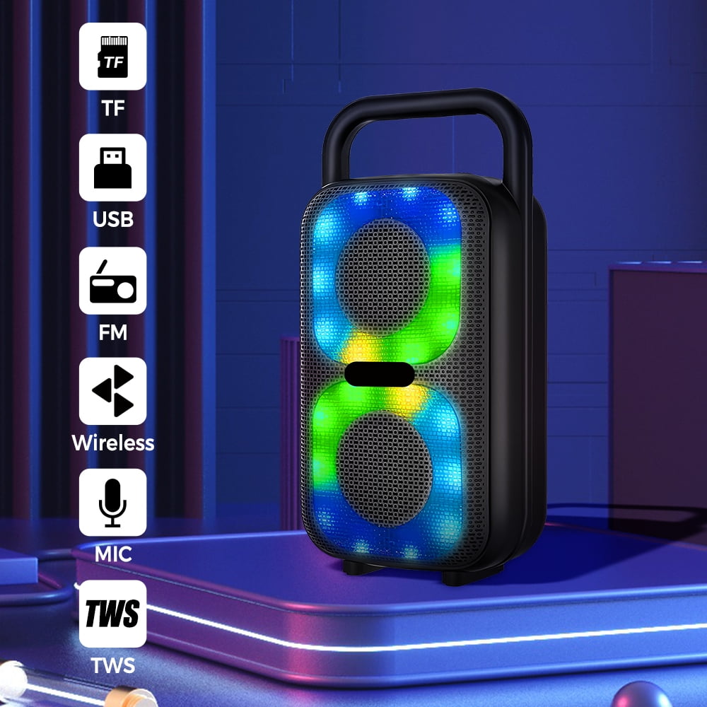 Rechargeable Bluetooth Speaker - RGB Lights, TWS Stereo Pairing, 10m Stable Connection, 1500mAh Type-C Charging, USB/TF/FM/Mic, Portable Handle for Outdoor/Party/Camping