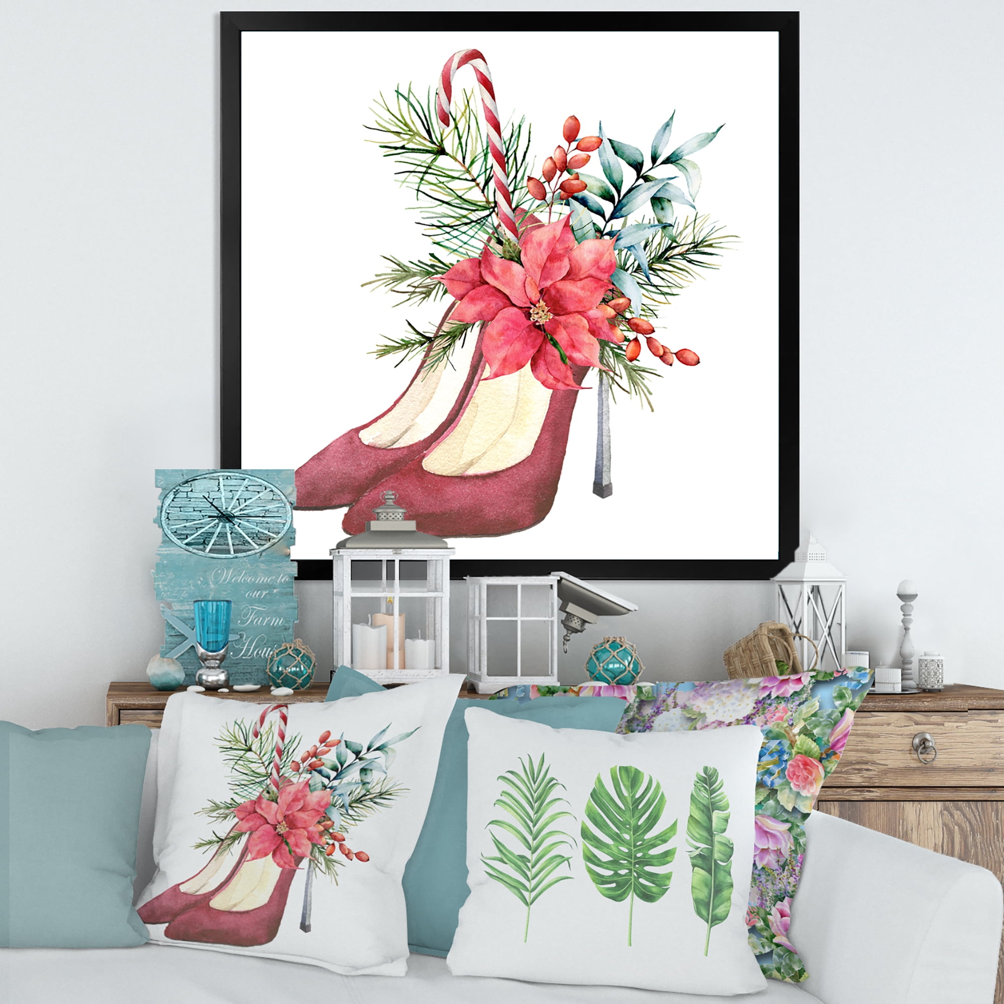 Designart 'Red Suede Heeled Shoes With Christmas Red Floral Decor' Traditional Framed Art Print