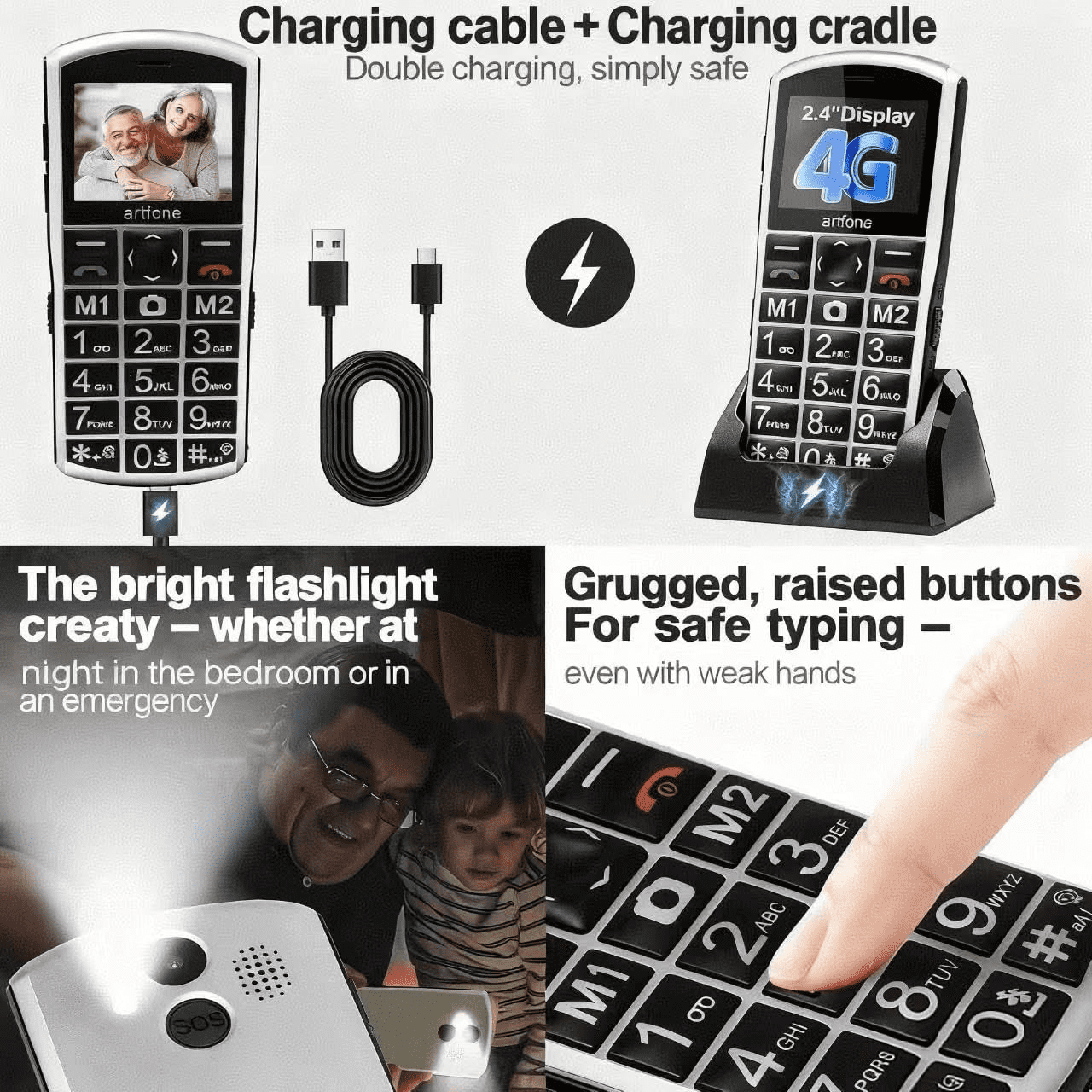 artfone A400 - 4G LTE Big Button Cell Phone for Seniors, T-Mobile Unlocked Phone, Senior Mobile Phone, Dual SIM, SOS Button, 2MP Camera, Charging Dock, Talk and Text Only, Dumb Phone, 1800mAh, Silver
