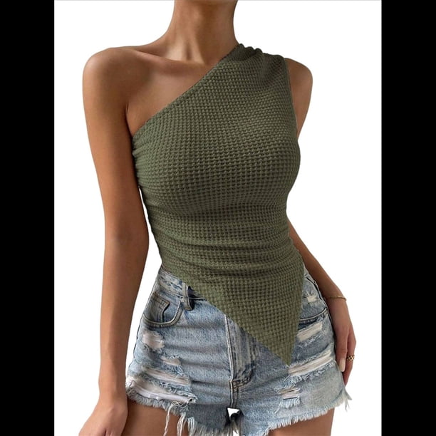 Camiseta de Tirantes Asimétrica con Textura Fruncida y un Hombro para Mujer, Ideal para Salir. Verde L
