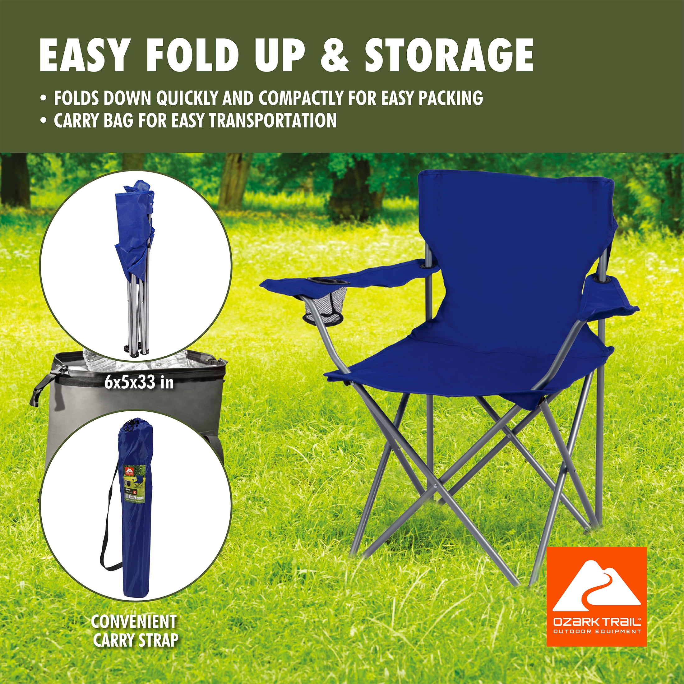 Ozark Trail Quad Folding Camp Chair with Cup Holder, Royal Blue
