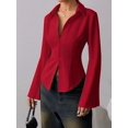 thumbnail image 5 of Women'S Collared Waist Pleated Flare Long Sleeve Fitted Shirt Wine Red L, 5 of 8