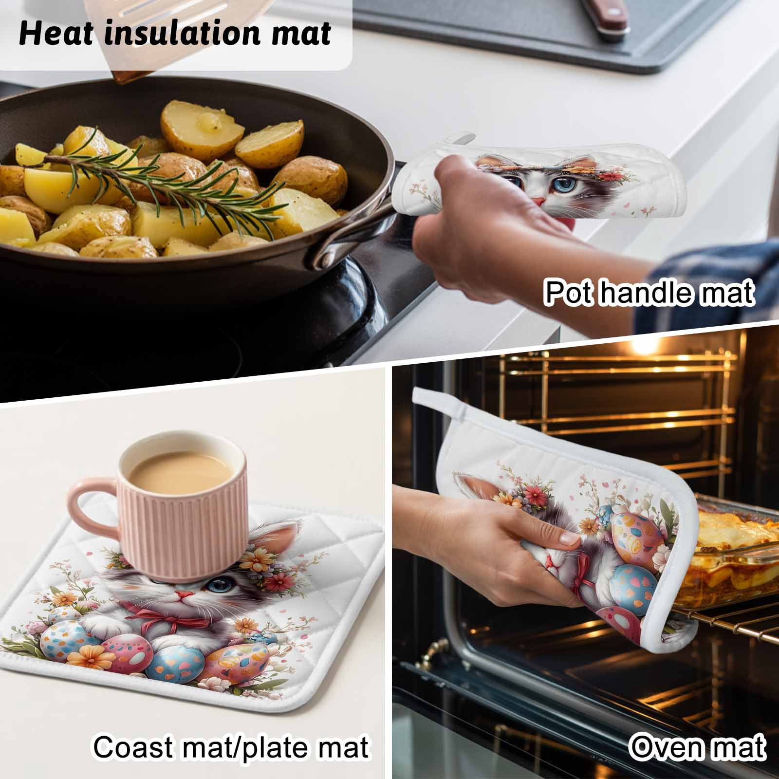 Easter Cat Pot Holders for Kitchen Heatproof Potholder, 5 Pack Cute Spring Flower Cartoon Eggs Boho Botanical Hot Pads Multipurpose Oven Pads Cloth Potholders Trivet for Cooking Baking