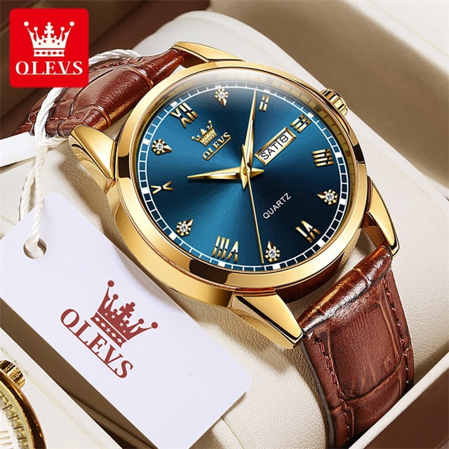 OLEVS Original Men's Quartz Watch Leather Strap Diamond Design Fashion Simplicity Business Wrist Watch for Men Auto Date Clock