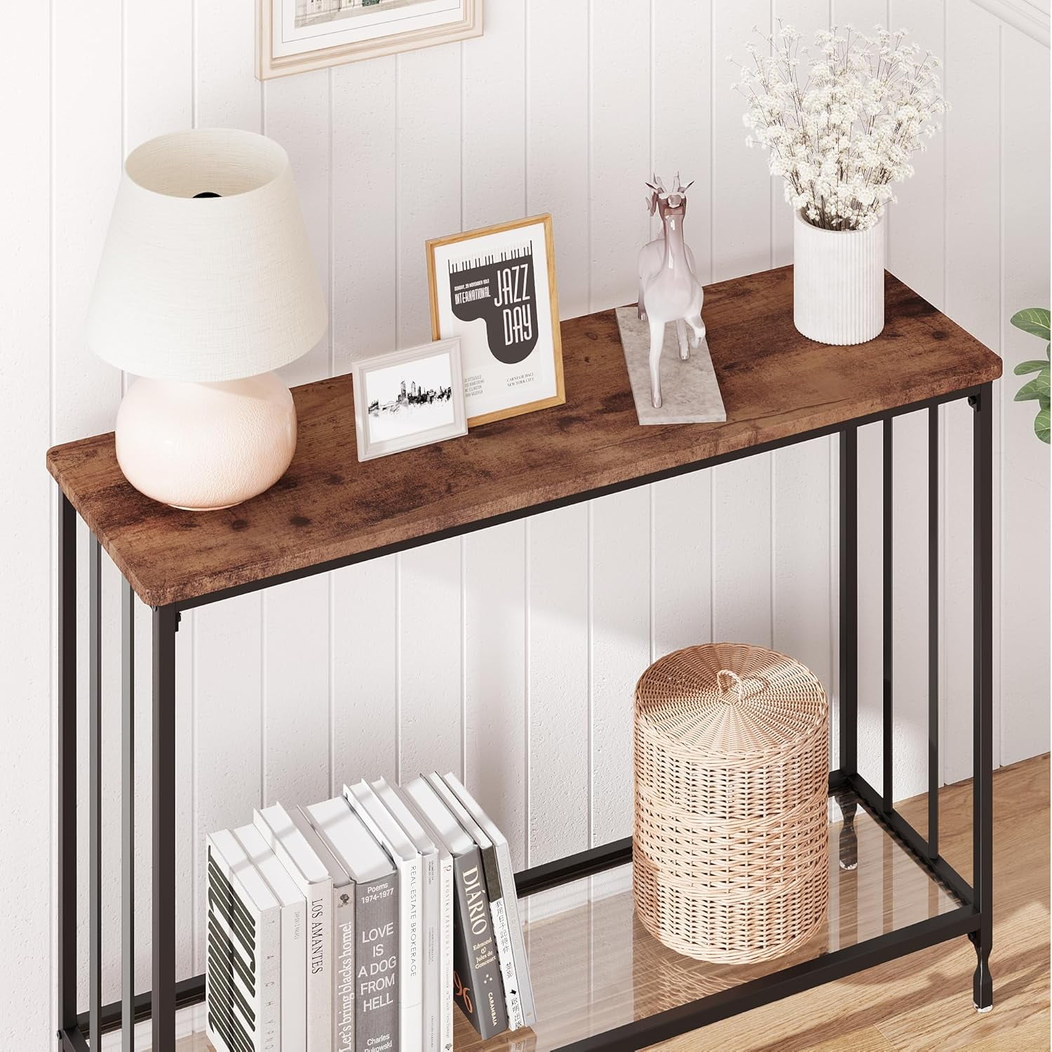 Console Table Small Entryway Table Narrow Sofa Table with Glass Storage Shelves, 2 Tier Accent Couch Table Hallway Side Table for Entry Way Living Bedroom Home Office Small Space, Brown