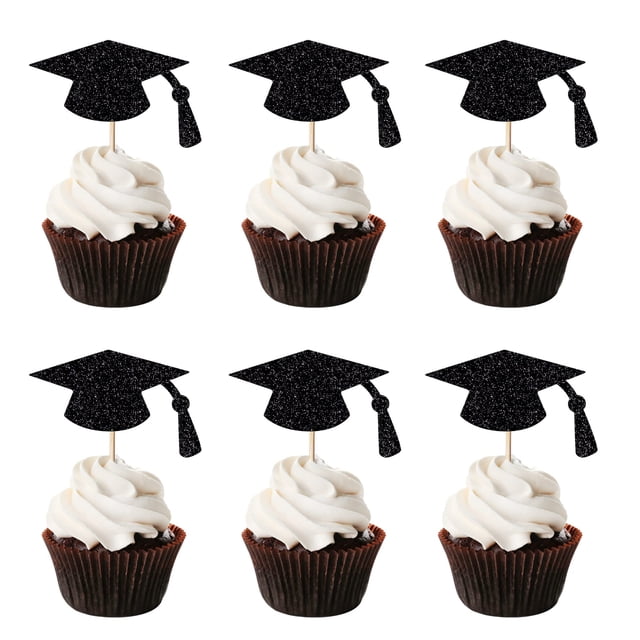 Topper para cupcakes Leetaivie de 24 piezas con brillo negro para graduación