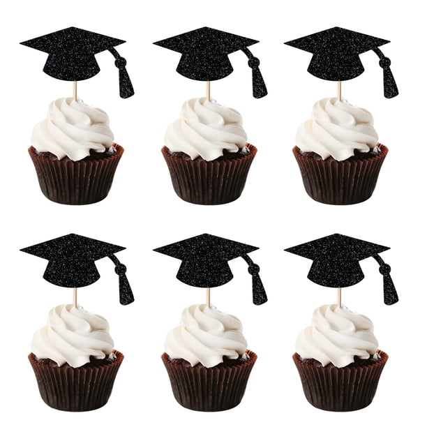Topper para cupcakes Leetaivie de 24 piezas con brillo negro para graduación
