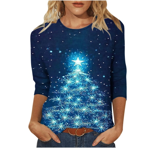 LiMoi Women's Festive Holiday Tree Shirt Three Quarter Sleeve Round Neck Casual Blouse for Christmas Party Tees Tshirts Tops My Items