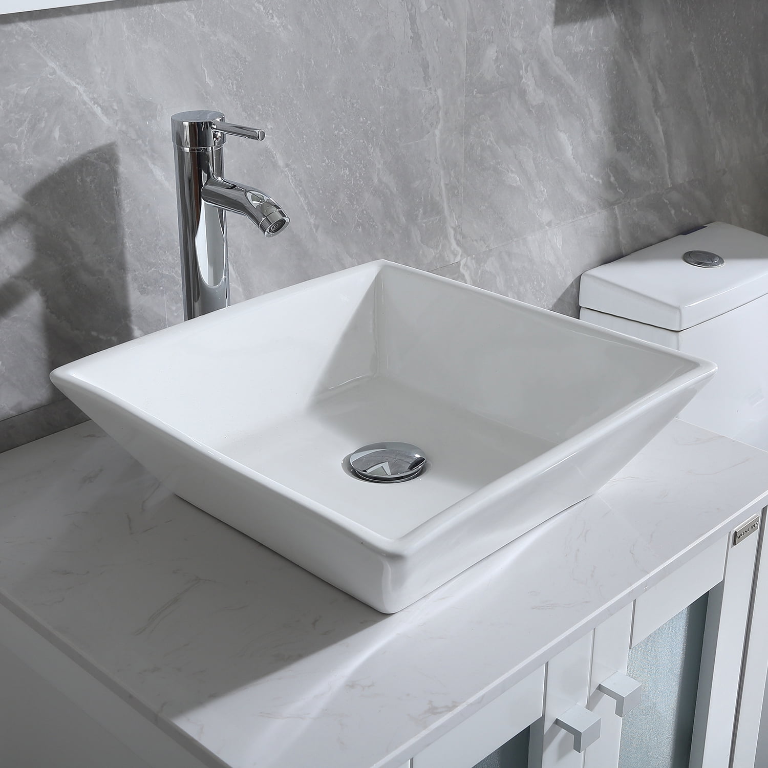 White Bathroom Ceramic Porcelain Vessel Sink Faucet Set Chrome