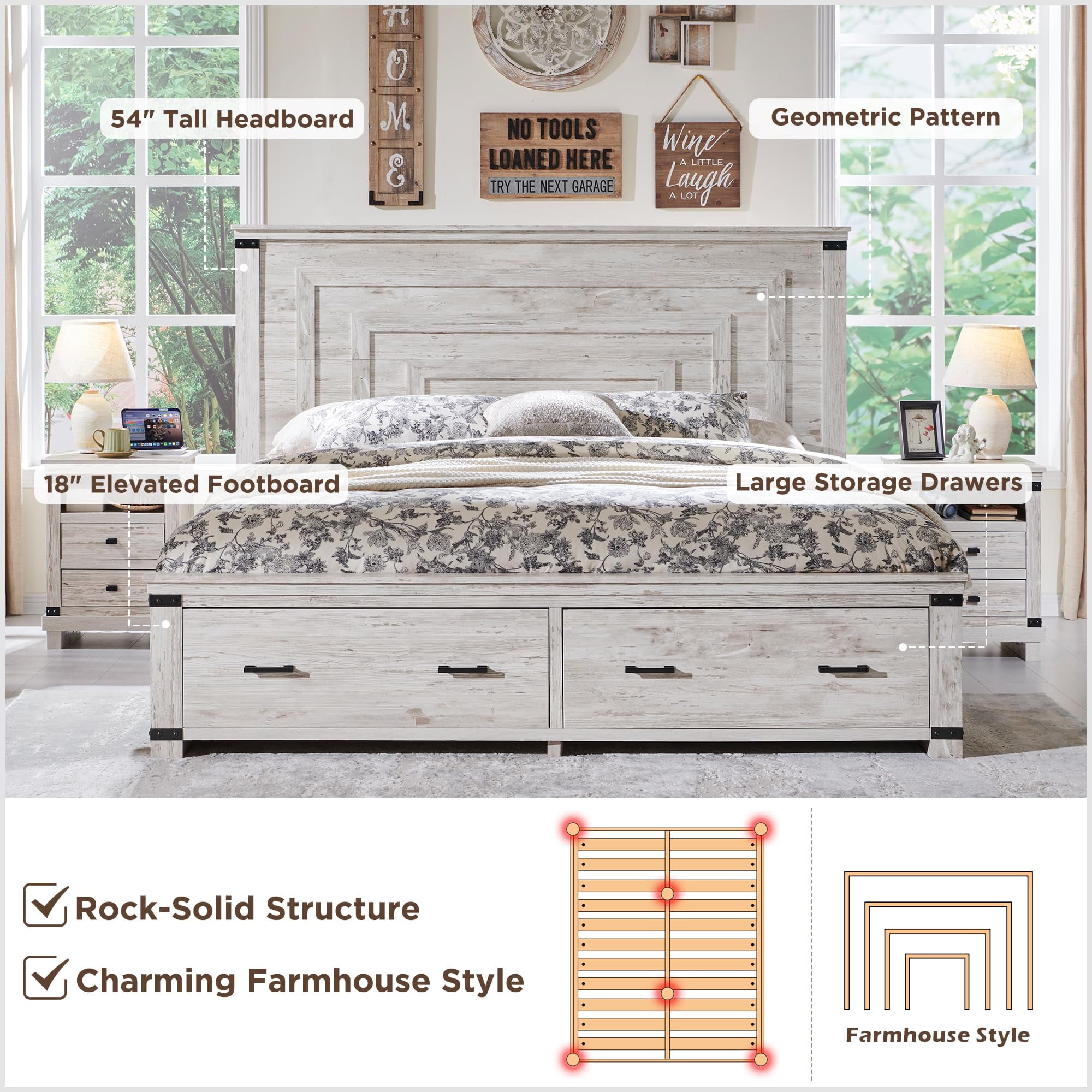 OKD Queen Size Bed Frame W/ 54" Tall Geometric Headboard, Farmhouse Wood Platform Bed W/ 2 Large Storage Drawers, No Box Spring Needed, Antique Brush White
