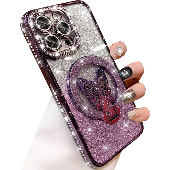 Magnetic Stand Glitter Case for iPhone 15 Pro Max,[Compatible with Magsafe] Cute Bling Sparkly Diamond with Camera Protector Butterfly Kickstand Women Girls Case for iPhone 15 Pro Max, Purple