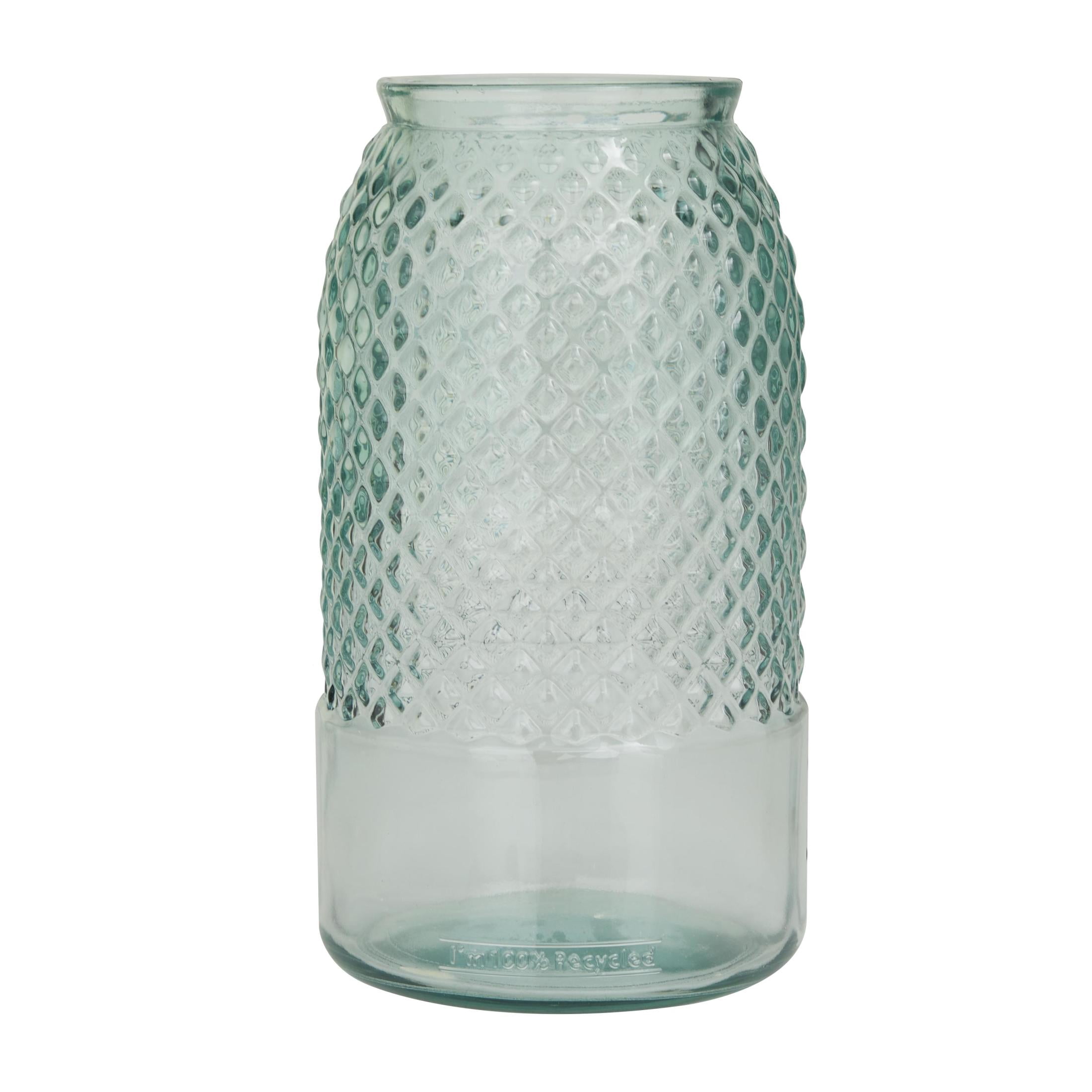 DecMode Teal Recycled Glass Handmade Slim Spanish Decorative Vase with Textured Diamond Pattern, 6" x 6" x 11"