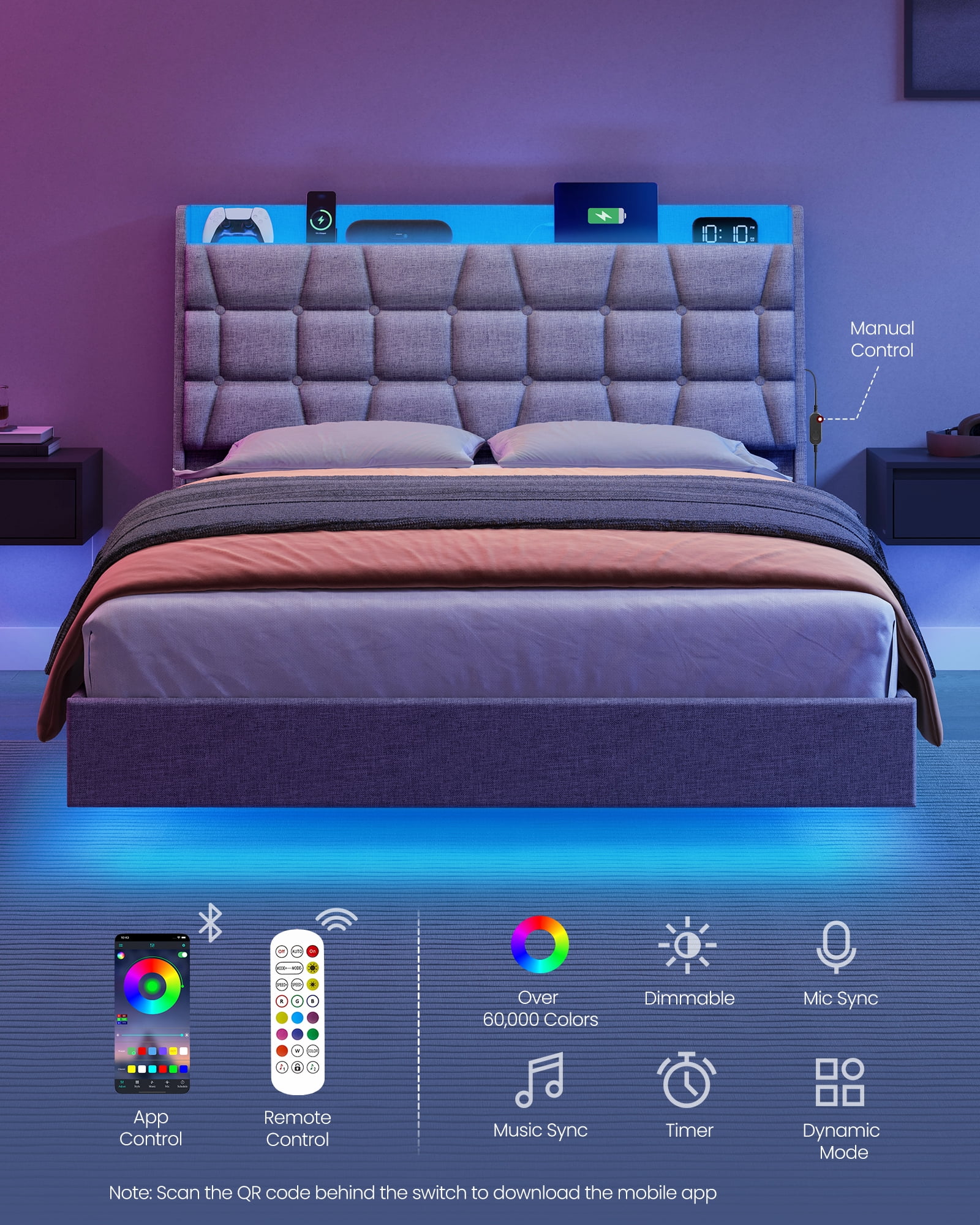 Full Size Floating Bed Frame with LED Lights for Bedroom, Full Bed Frame with Charging Station, Tufted Storage Headboard, Upholstered Platform Bed Frame, No Box Spring Needed