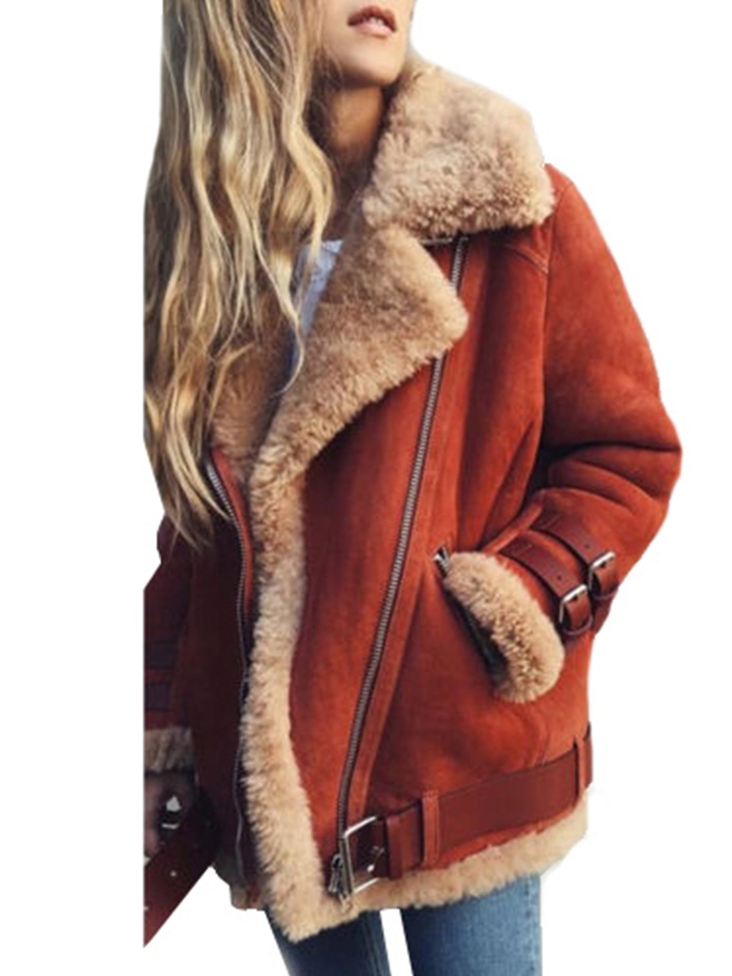 Winter Coats for Women Lapel Zip Up Faux Shearling Shaggy Moto Biker Jacket Oversized Short Coat Outwear Ulanda