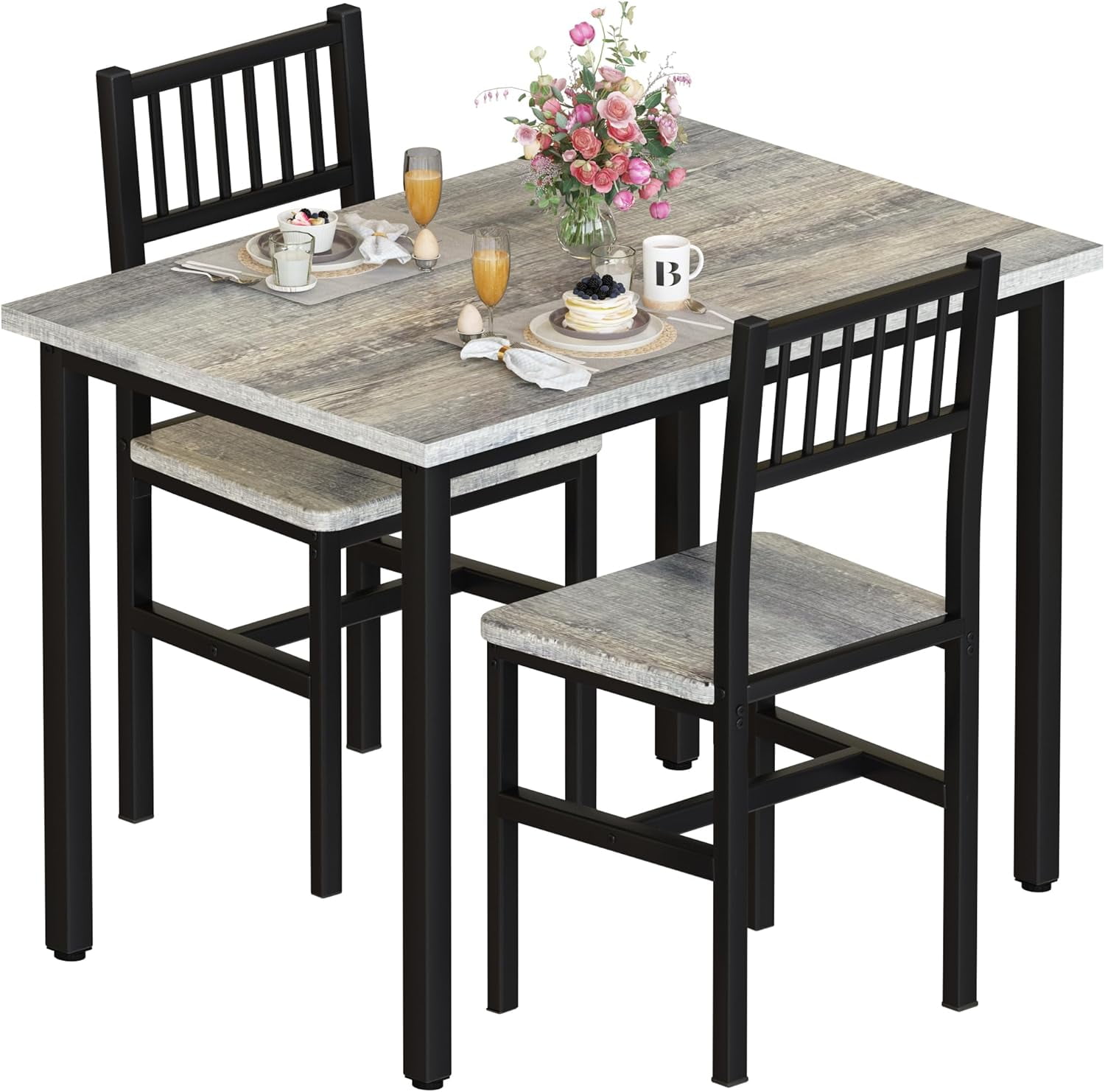 LinkRomat Small Dining Table Set for 2, Industrial Sturdy Dinette, Space-Saving Kitchen Table Set for Apartment, Living Room, Grey