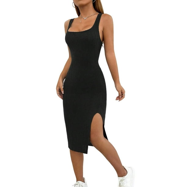 Vestidos de verano para mujer, cuello cuadrado, falda de longitud media, manga corta, versátil, abertura de punto