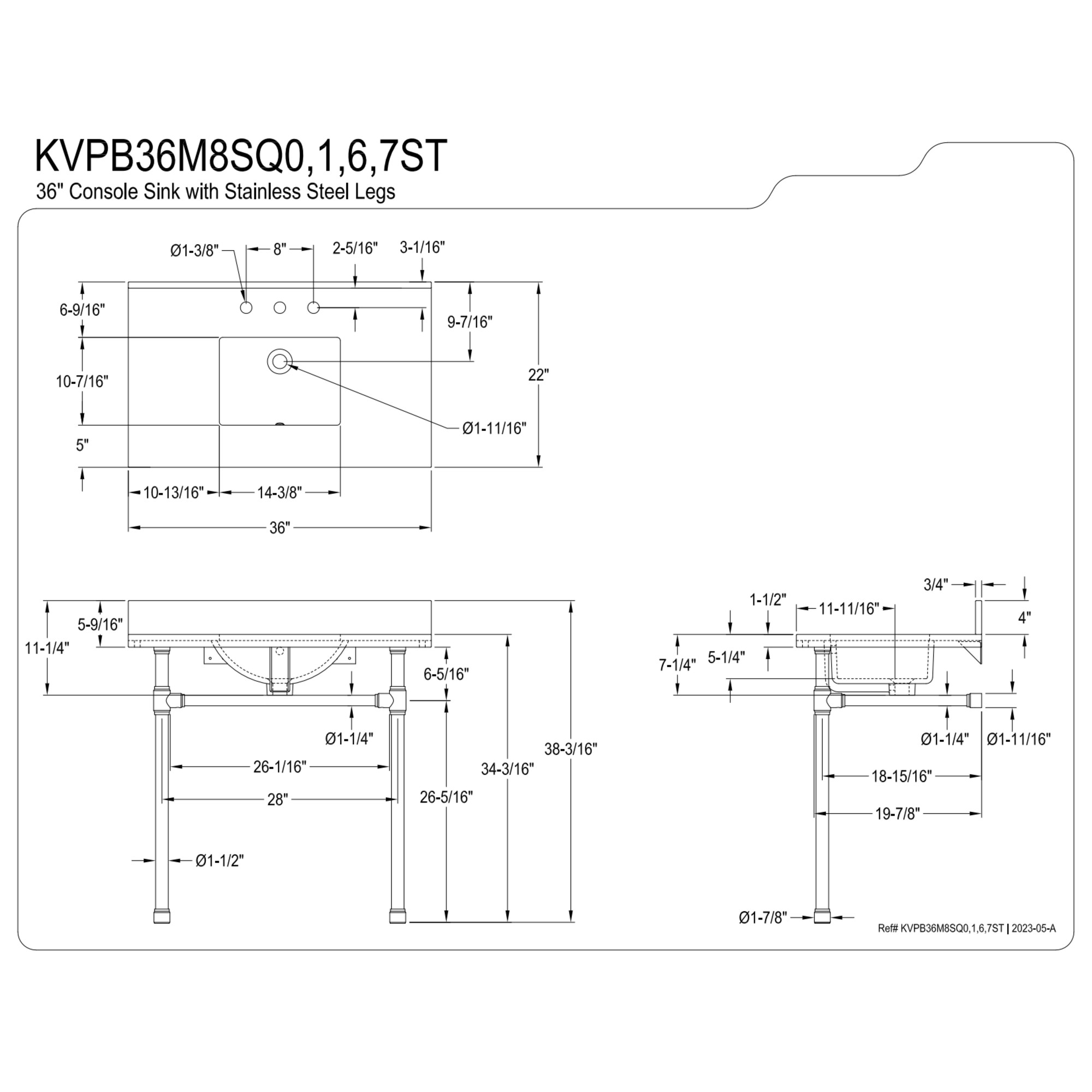 Kingston Brass KVPB36M8SQ6ST Dreyfuss 36" Carrara Marble Vanity Top with Stainless Steel Legs (8-Inch, 3-Hole), Carrara Marble White/Polished Nickel