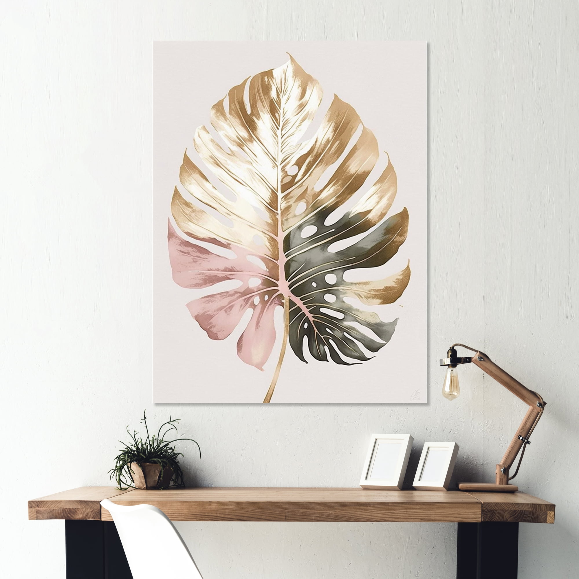Designart Gold And White Philodendron Leaf II Canvas Wall Art